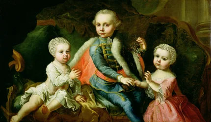 ソファに座っている3人の子供、1771年、エステルハージー家のメンバーと言われている（裏地のないキャンバスに油彩）