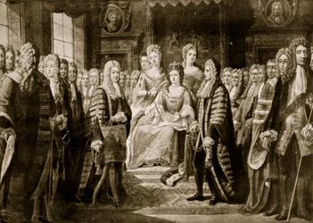 1706年にアン女王に贈られた連合の記事、「ハッチンソンのイギリス国民の物語」、1923年頃のイラスト