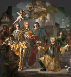 皇帝シャルル6世（1685-1740）とミヒャエル・ヨハン・フォン・アルタン伯爵（1679-1722）（アルタンはウィーンのシュタールブルクにある絵画の目録をシャルルに渡している） - ヨハン・ゴットフリート・アウアーバッハ（1697-1753）。油彩・キャンバス