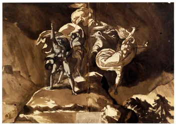 マクベスとバンクォーの上に浮かぶ魔女たち（Les sorcieres flottant au dessus de Macbeth et Banquo） - par Fussli (Fuseli), Johann Heinrich (1741-1825), - ペン、ブラシ、茶色の墨、白の色、黒のチョーク、紙、46,5x66,2 - Private Collection