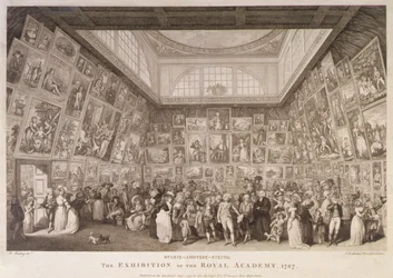 1787年に開催されたロイヤル・アカデミー・オブ・アートの展覧会を示すサマセット・ハウスの内観
