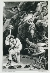カールマリアフォンウェーバー（1786-1826）のオペラ「Der Freischutz」リトグラフ、Adam et Hosteinのシーン