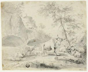 牧夫と羊、山羊、牛のいる風景