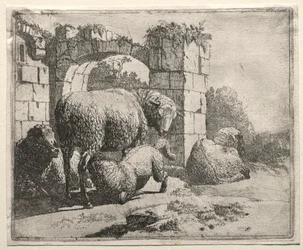 アーチの廃墟近くの羊、1665年。