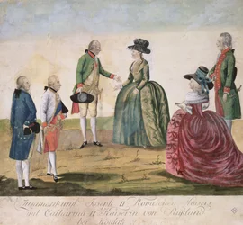 1787年5月18日、コイダックでドイツのジョセフ2世（1741-90）と皇后両陛下（1729-96）との出会い（色付き銅版画）