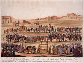 1789年4月13日のスルタン・セリム3世（1761-1808）の剣を帯びた入場 - Loeschenkohl, Johann Hieronymus (1753-1807) - 1789 - エッチング、水彩画 - 38,6x50,2 - 個人蔵