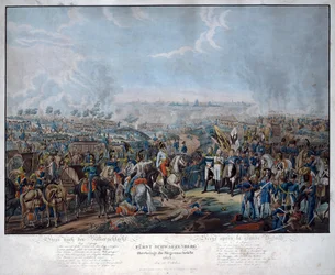 ライプツィヒの戦い（国同士の戦い）1813年10月ライプツィヒの戦いでの連合軍の勝利をドイツ皇帝フランツ2世（＝オーストリアのフランツ1世、1768年〜1835年）に報告するオーストリアの野戦軍司令官シュヴァルツェンベルク（1771年〜1820年）、ザ