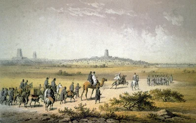 ティンブクトゥに近づくハインリヒ・バルト、1860年頃（リトグラフ）