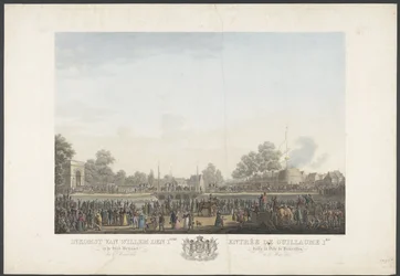1815 年 3 月 30 日のウィレム 1 世のブリュッセル市入城 / Entrée de Guillaume 1er dans la Ville de Bruxelles, le 30 Mars 1815 ヴィレム 1 世のブリュッセル到着と就任式、カトル ブラの戦いを描いた 12 枚の図版