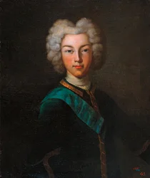ロシアの皇帝ピョートル 2 世の肖像 (ロシアの皇帝ピーター 2 世の肖像) - Johann Paul Luedden (Ludden) (?-1739) による絵画、キャンバスに油彩、1720 年後半 - 国立野外博物館パブロフスク宮殿、サンクトペテルブルク (ロシア）