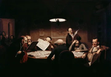 「読書室」 薄暗いテーブルの周りの男性が新聞を読む - Johann Peter Hasenclever (1810-1853) による絵画 1843 Staatliche Museen、ベルリン