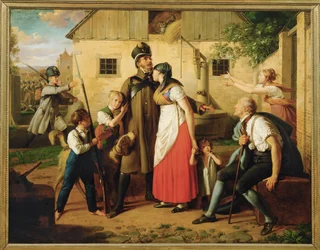 陸軍兵士の帰還...（キャンバスに描かれた絵）