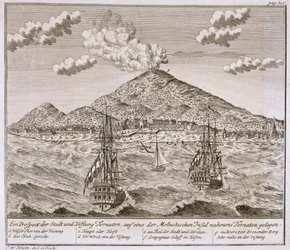 モルッカ、海岸、オランダ東インド会社で「テルナテ」と呼ばれる島は、1730年代に船で送られました。1744年に出版されたバタビアの「シャウプラッツフォンアフリカウントインディエン」の一連の眺めから、