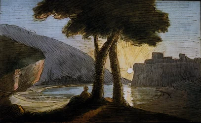 ローマ遺跡に沈む夕日。Johann Wolfgang Von Goethe（1749-1832）の水彩画。19世紀の初め