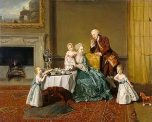 w:John Peyto-Verney, 14th Baron Willoughby de Broke (1738-1816), and his Family at the Breakfast Room at Compton Verney.彼が1762年から8年にかけて建てたウォリックシャーのコンプトン・ヴェルニー・ハウスにて。