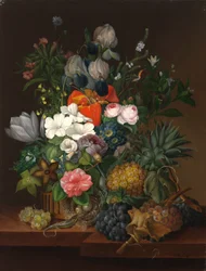 トカゲと花のある静物 - Johanna (Jenny) Salm-Reifferscheidt (旧姓 Comtesse Pachtova) (1780-1857)。 キャンバスに油彩