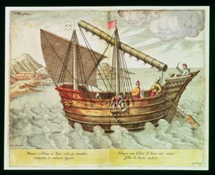 チャイニーズジャンク、「Jan Huyghen van Linschoten、東インド諸島と西インド諸島への航海の談話」、1579-92（彫刻）のイラスト