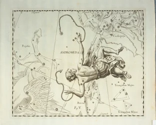 アンドロメダ座のボレアル星座、天体アトラス Firmamentum Sobiescianum sive Uronographia からの彫刻、Johann Hevelius (1611-1687)、グダニスク作