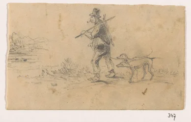 犬と背中にウサギを持つハンター