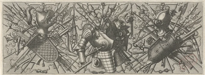 左側にヘルメット、盾、交差した棒の武器とクロスボウを持ったフリーズ Panoplia sev armamentarium… (シリーズタイトル)