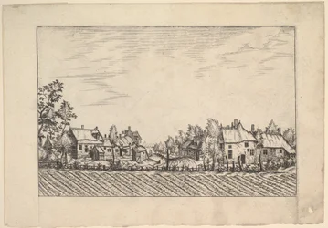 Praediorum villarum et rusticarum casu...より、手前の耕された畑、農場、1559-61年頃。