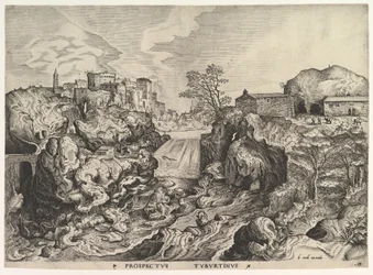 The Large Landscapes からの Tiber Tivoli Prospectus Tyburtinus の眺め。 1555-56。