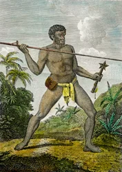 槍を投げるニューカレドニアの男性の絵。もう片方の手には棍棒を持っている（1800年頃）（エングレーヴィング