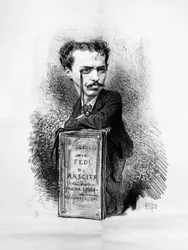 フェリーチェ・カルロ・エマヌエーレ・カヴァロッティ（1842-1898）の風刺肖像、イタリアの詩人、劇作家、左派の反君主制ジャーナリスト、愛国者、政治指導者