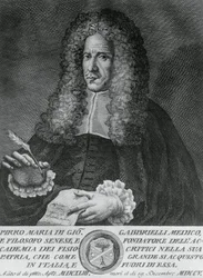 イタリアの哲学者、理論医学・植物学教授、ピロ・マリア・ガッブリエリ（1643-1705）の肖像、コジモ・ゾッキ（1740年～1787年頃活躍）のエングレーヴィング