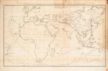 メルカトル図法による「ライオン号」と「ヒンドスタン号」のイギリスから中国のペキン溝までの航路と、イギリスへの帰航を示す全体図。