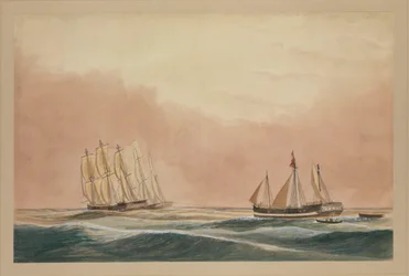 バルク「Otter」と船「City of Poona」によってモーリシャスまで曳航される「Futty Satam号」1851年頃（水彩画）