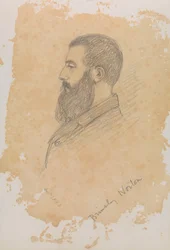 髭を生やした男の肖像スケッチ、「Brinsley Norton」と刻まれている（黒鉛筆）