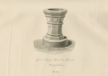 キングスブロムリー教会のフォント：セピア色の描画、1839年