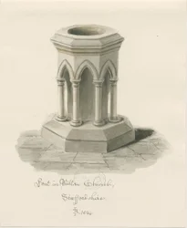 Walton-on-the-Hill教会のフォント：セピア色のドローイング