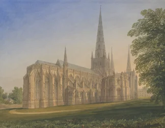 リッチフィールド大聖堂-ノースイーストビュー：水彩画、ND [1770-1851]