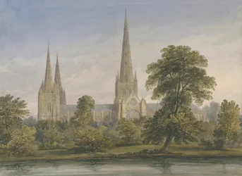 リッチフィールド大聖堂-サウスイーストビュー：水彩画、ND [？1842]