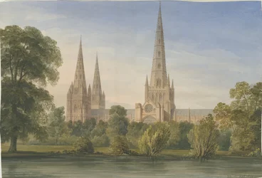 リッチフィールド大聖堂-サウスサウスイーストビュー：水彩画、1842