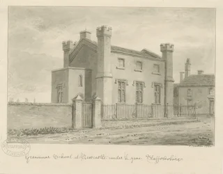 ニューカッスルアンダーライム-グラマースクール：セピアウォッシュドローイング、1840