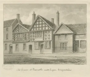 ニューカッスルアンダーライム-オールドハウス：セピア色のデッサン、1840年