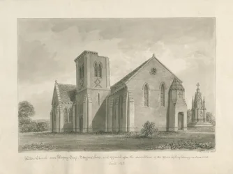 Walton-on-the-Hill Church：セピア色のウォッシュドローイング、1844年