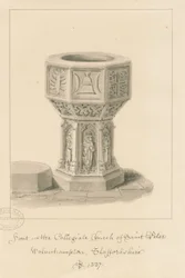 ウォルヴァーハンプトン-聖ペテロ教会のフォント：セピア画、1837年