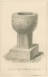 ウスターシャー-ドロイトウィッチ-セントピーターズチャーチフォント：セピア画、1833年