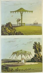 アッカーマン作「芸術のリポジトリ」からの2つの華やかな屋根付きのガーデンシート、1822年