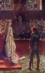 サー・ランヴァルの貴婦人が裁判官たちに訴える、『Romance and Legend of Chivalry』所収のA. R. Hope Moncrieffによる挿絵