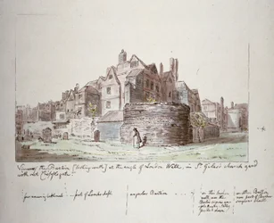 ロンドンの壁の角にあるバスティオン、Cripplegate チャーチヤードのないセント ジャイルズ、ロンドン市、1779 年