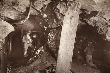 ヒーブ、西向き、ブルー ヒルズ鉱山、J.C. バロウズとウィリアム トーマスによる「Mongst mines and miners, or Underground Scenes by Flash-Light」のイラスト、パブ。 1893年（セピア写真）
