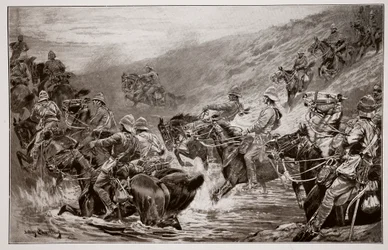 キンバリーのダッシュ-GDジャイルズ（fl.1890）によるスケッチ後の第10 Hussars Crossing Klip Drift