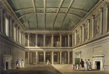 ジョン・ヒル（1770-1850）が彫刻し、ウィリアム・ミラーが出版した「Bath Illustrated by a Series of Views」より、コンサート・ルームの内部。