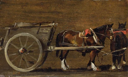 ハーネスに2頭の馬がいる農場のカート： &39;Stour Valley and Dedham Village、1814&39;のカートに関する研究（ボード上のキャンバスに油彩）
