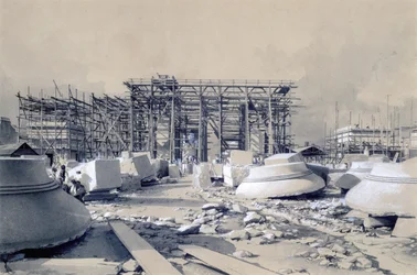 1837年10月、ユーストンアーチの建設（ペンとインク、紙に洗う）